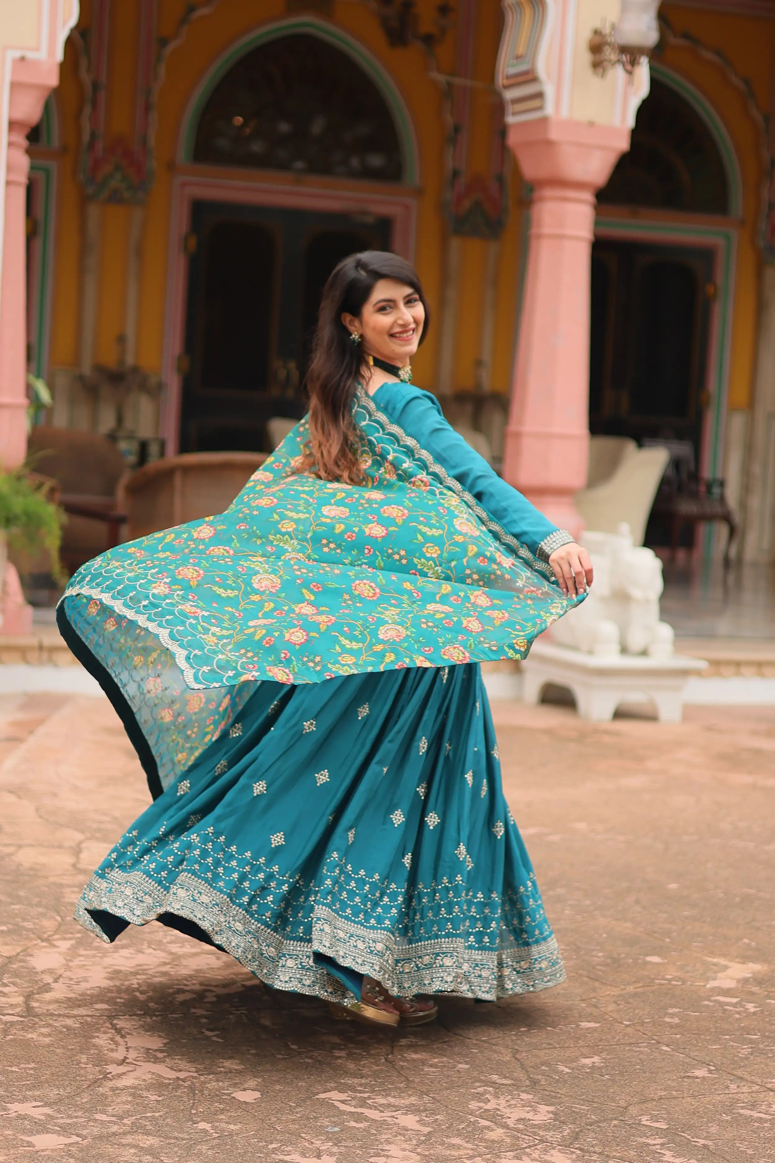 Rama Designer Chinon Sequins Embroidered Gown with Kalamkari Silk Dupatta